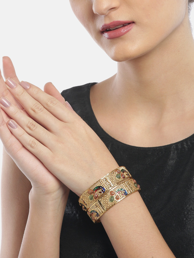 YouBella Set of 2 Blue  Red Gold-Plated Enamelled Bangles
