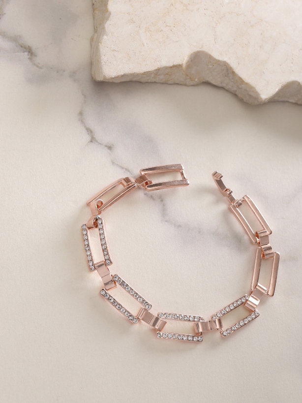 YouBella Women Green  Peach-Coloured Rose Gold-Plated Stone-Studded Link Bracelet