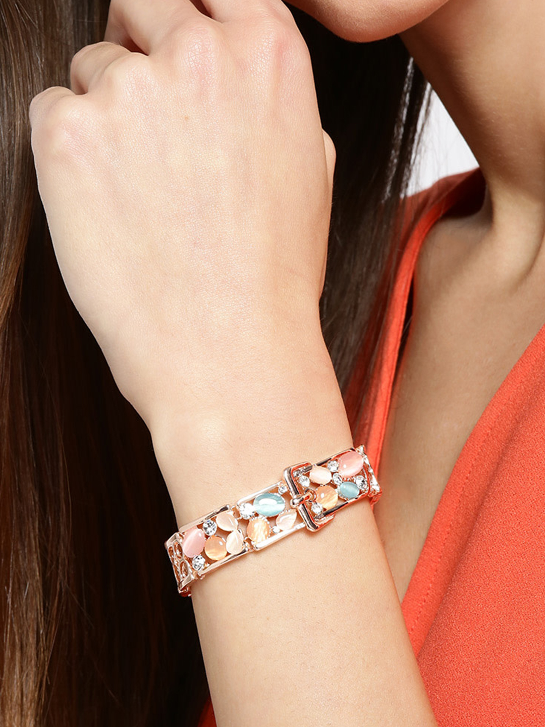YouBella Peach-Coloured  Blue Rose Gold-Plated Stone-Studded Link Bracelet