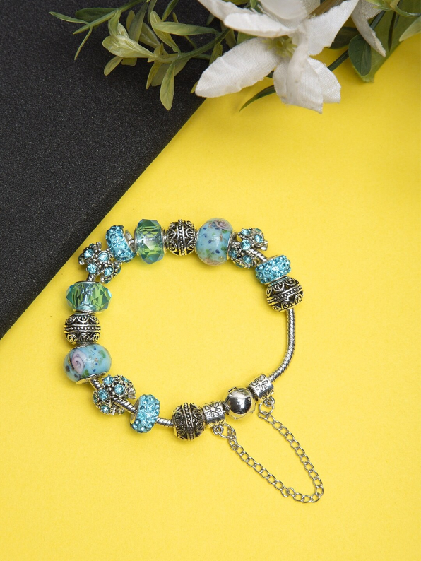 YouBella Black  Silver-Toned Stone-Studded Cuff Bracelet