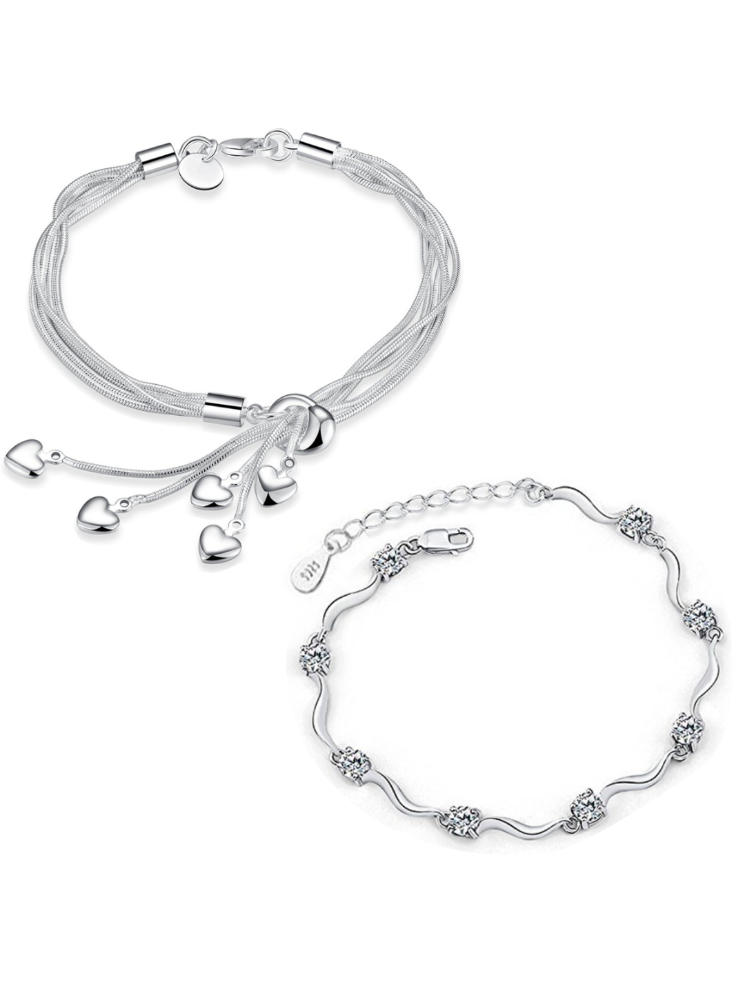 YouBella Stylish Latest Design Crystal Jewellery Silver Plated Combo Charm Bracelet for Women (Silver)