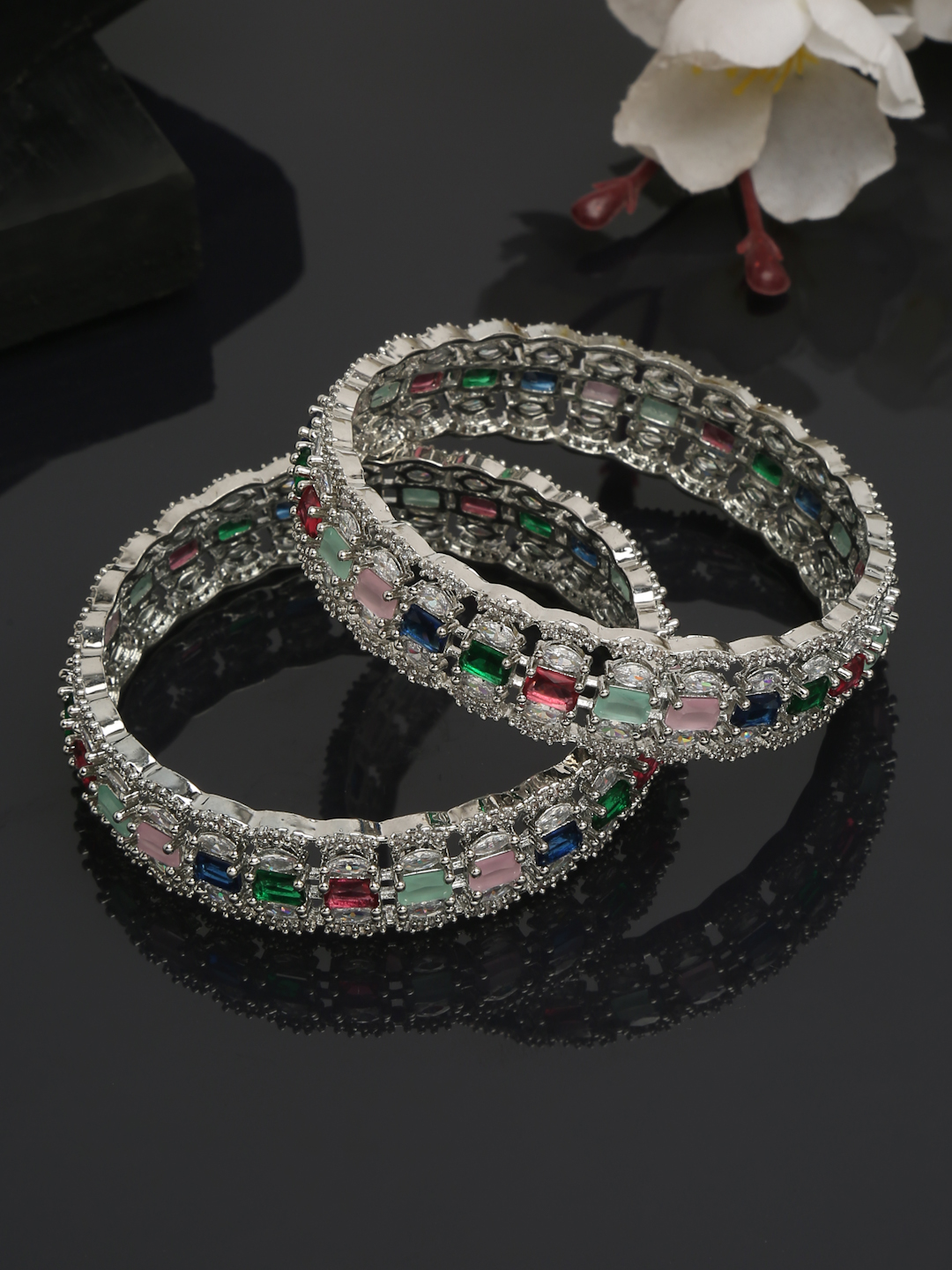 YouBella Jewellery Stylish Silver Plated Multi-Color Stone Studded Bangles for Girls and Women