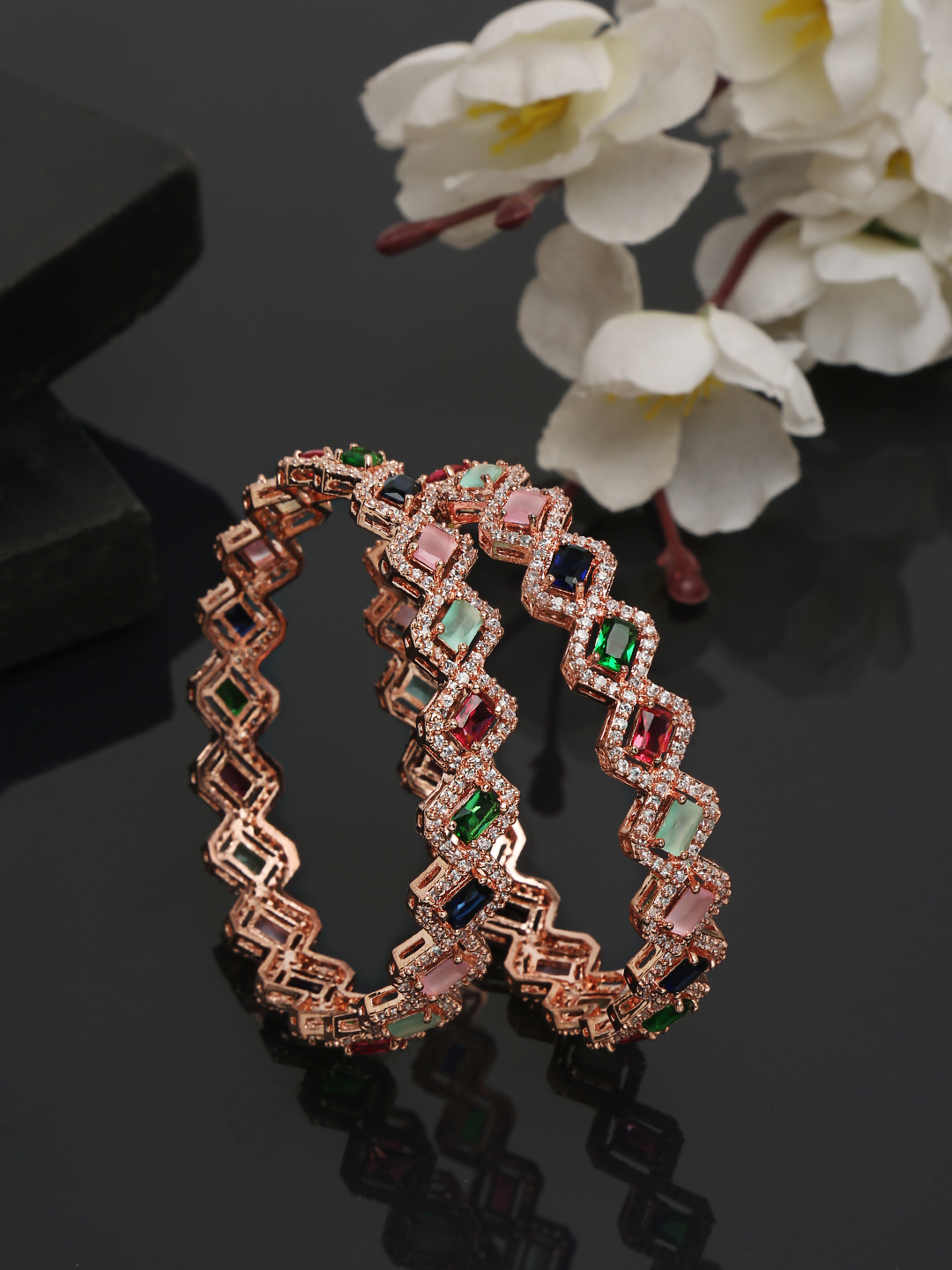 YouBella Jewellery Stylish Rose Gold Plated Multi-Color Stone Studded Bangles for Girls and Women