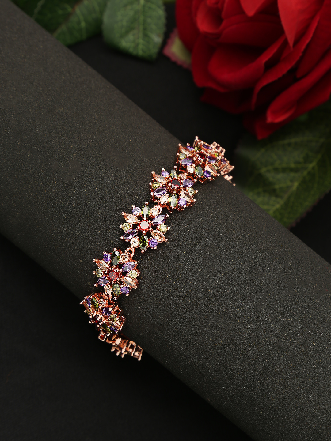 YouBella Jewellery Stylish Rose Gold Plated Multi-Color Stone Studded Bracelet for Girls and Women