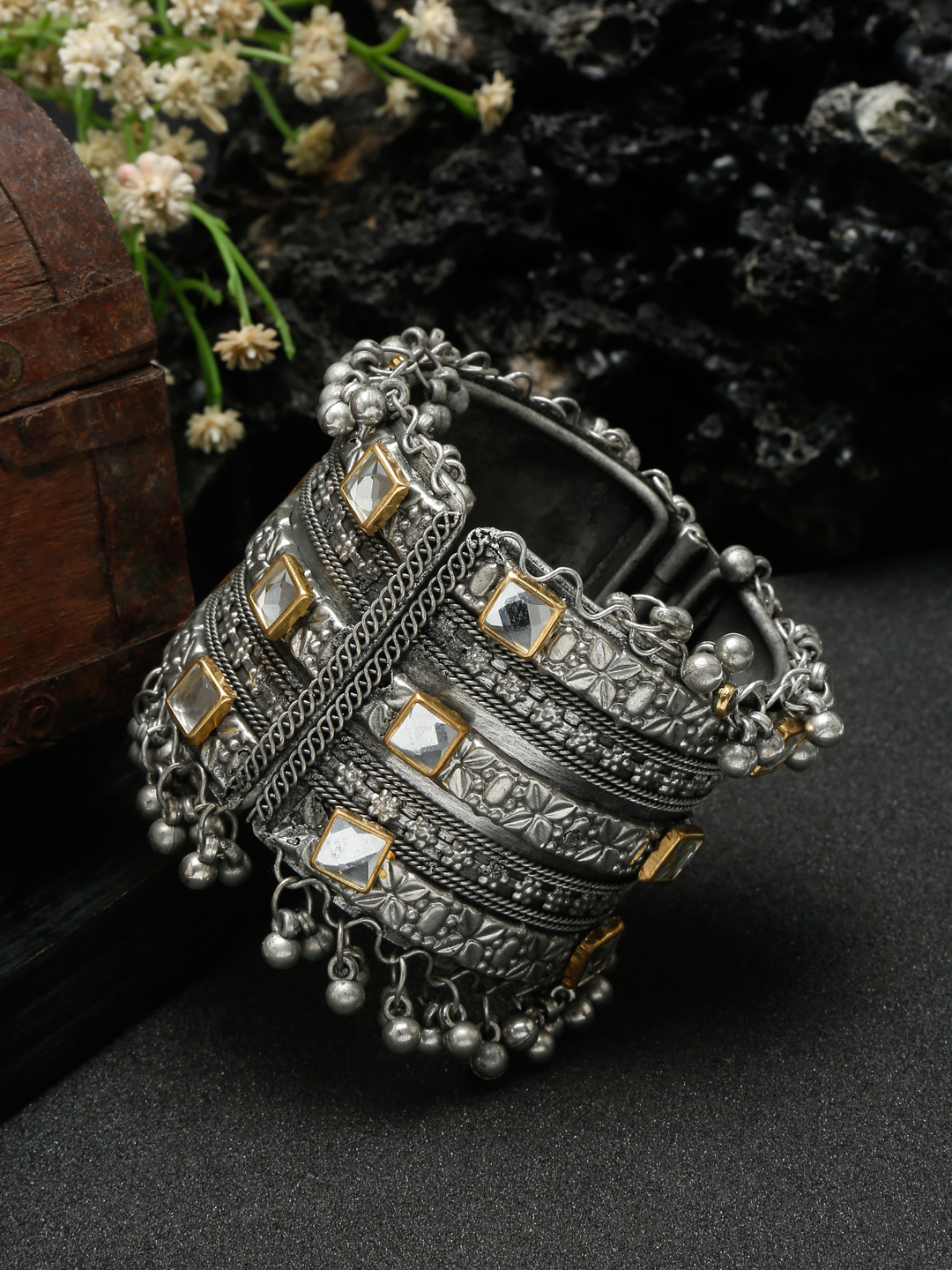 YouBella Jewellery for Women Celebrity Inspired Oxidised Silver Plated Cuff Bracelet Bangle for Women and Girls (Style 4)