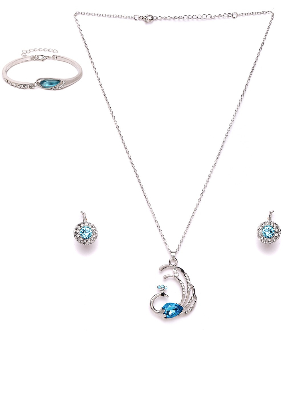 YouBella Blue Silver-Plated Stone-Studded Jewellery Set with Bracelet