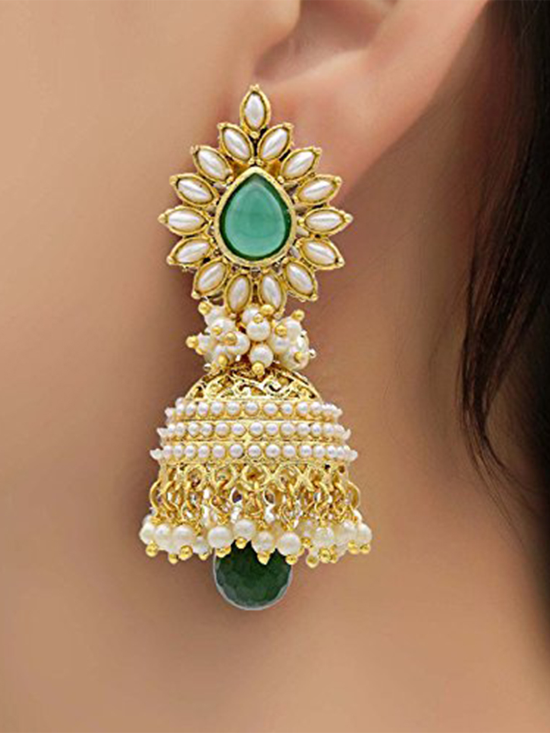 YouBella Traditional Copper Pearl Jhumki Earrings for Girls/Women (White) (Green)