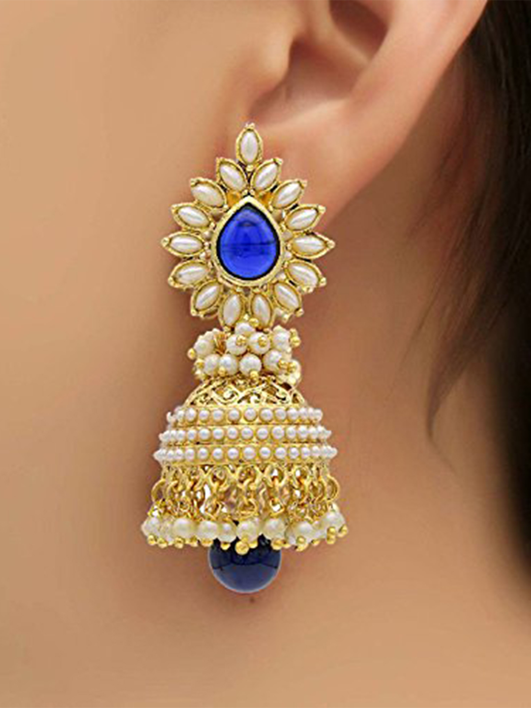 YouBella Traditional Copper Pearl Jhumki Earrings for Girls/Women (White) (Dark Blue)