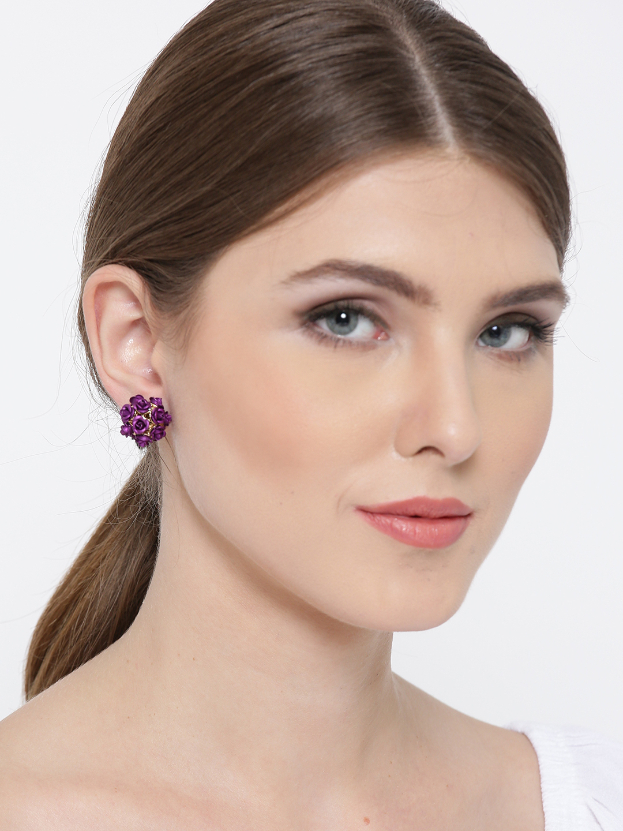 YouBella Purple Gold-Plated Floral Stone-Studded Double Sided Studs