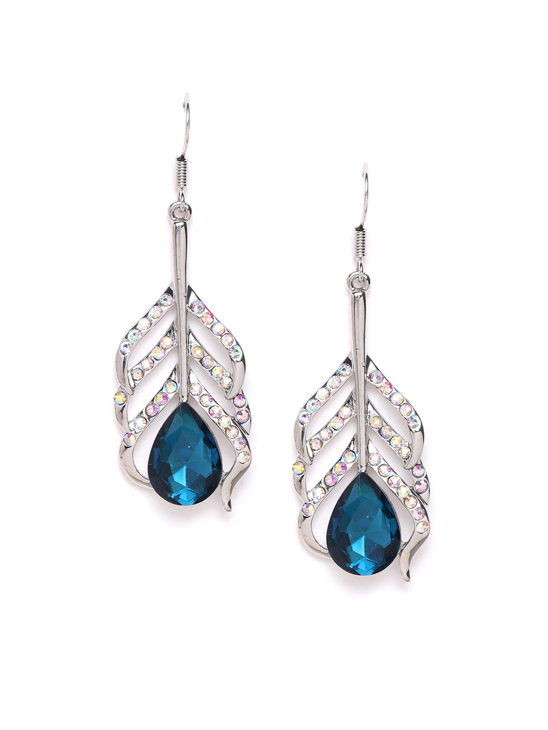 YouBella Blue Silver-Plated Stone-Studded Contemporary Drop Earrings