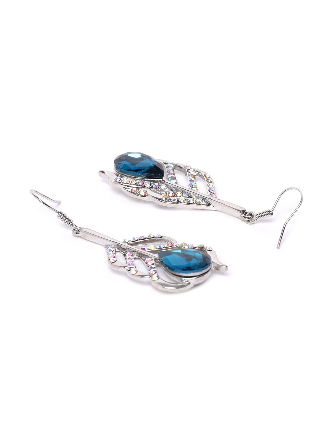 YouBella Blue Silver-Plated Stone-Studded Contemporary Drop Earrings