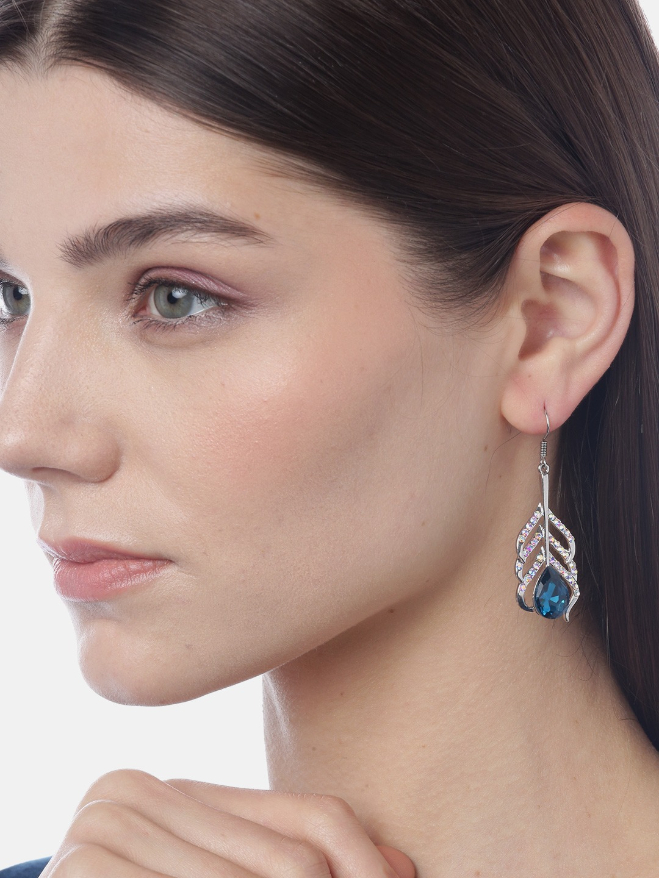 YouBella Blue Silver-Plated Stone-Studded Contemporary Drop Earrings