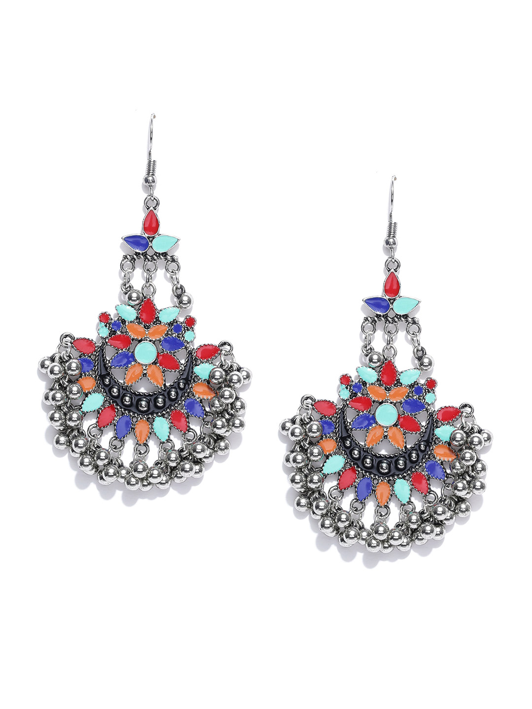 YouBella Multicoloured Oxidised Silver-Plated Crescent Shaped Chandbalis