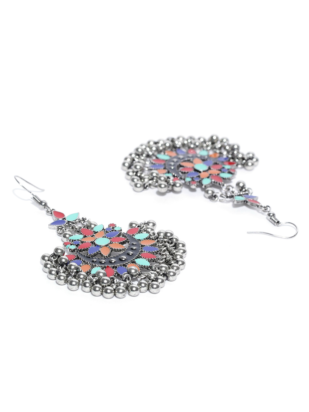 YouBella Multicoloured Oxidised Silver-Plated Crescent Shaped Chandbalis