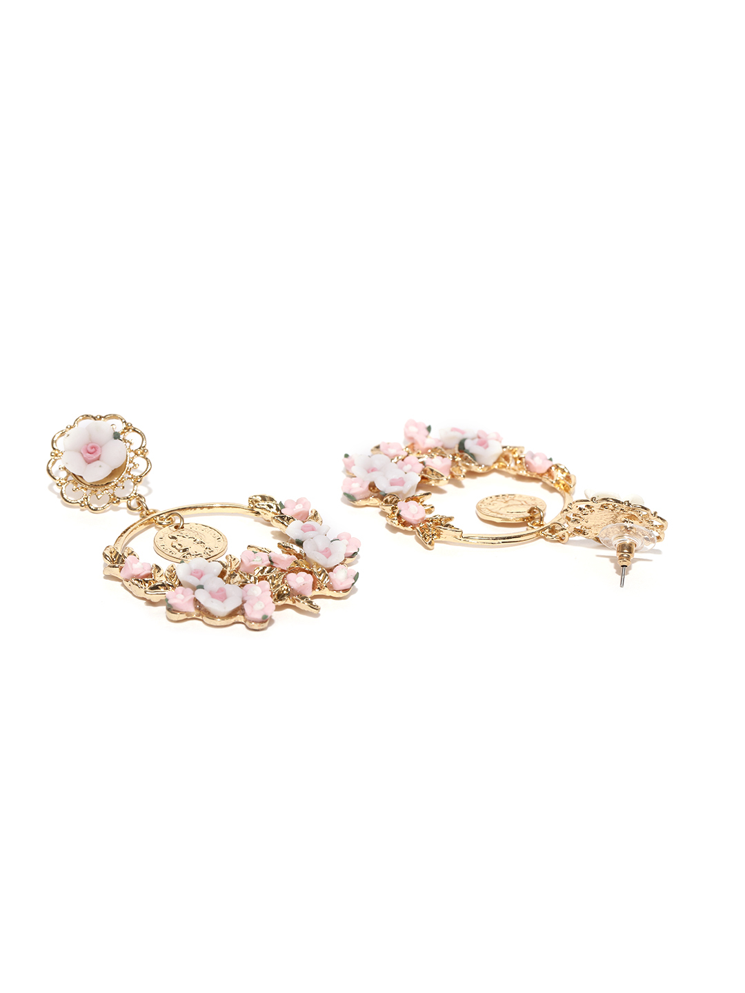 YouBella Pink Gold-Plated Floral Drop Earrings