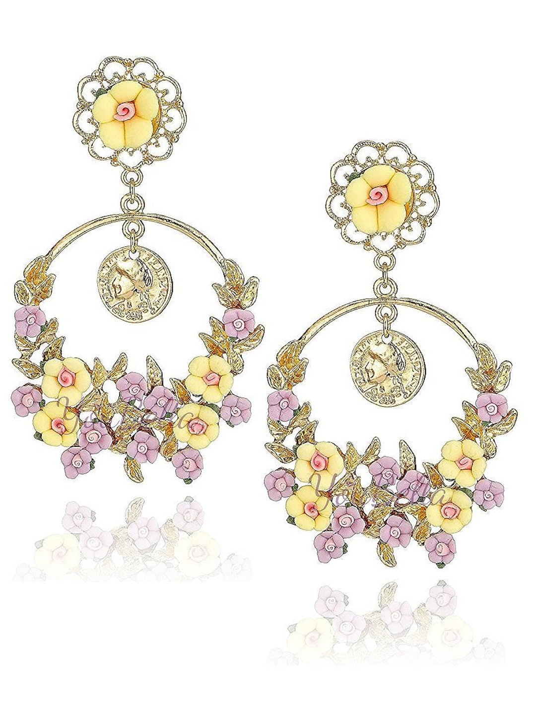 YouBella Jewellery Gold Plated Flower Shape Resin Earrings for Women and Girls (PINK YELLOW)