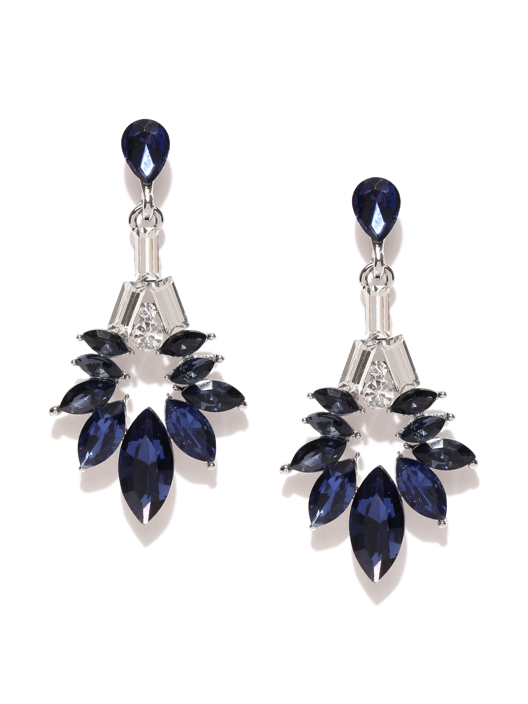 YouBella Navy Blue  Silver-Toned Stone-Studded Drop Earrings
