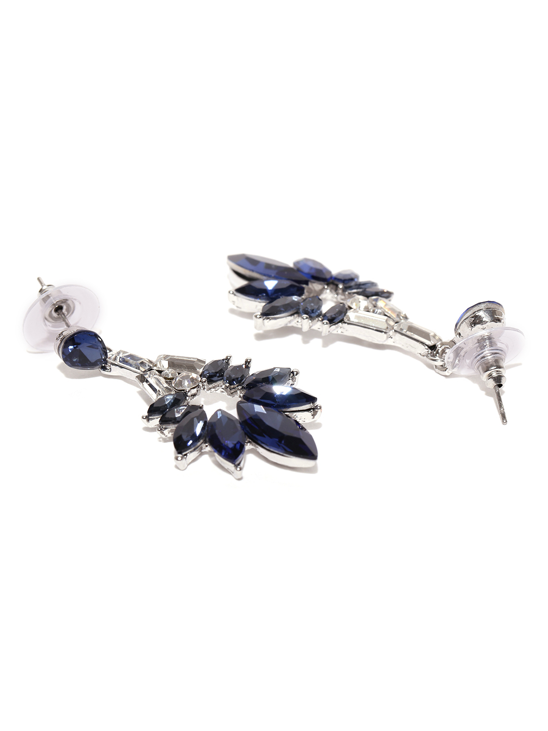 YouBella Navy Blue  Silver-Toned Stone-Studded Drop Earrings