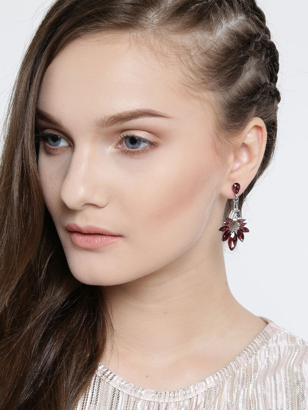 YouBella Brown  Silver-Toned Stone-Studded Drop Earrings
