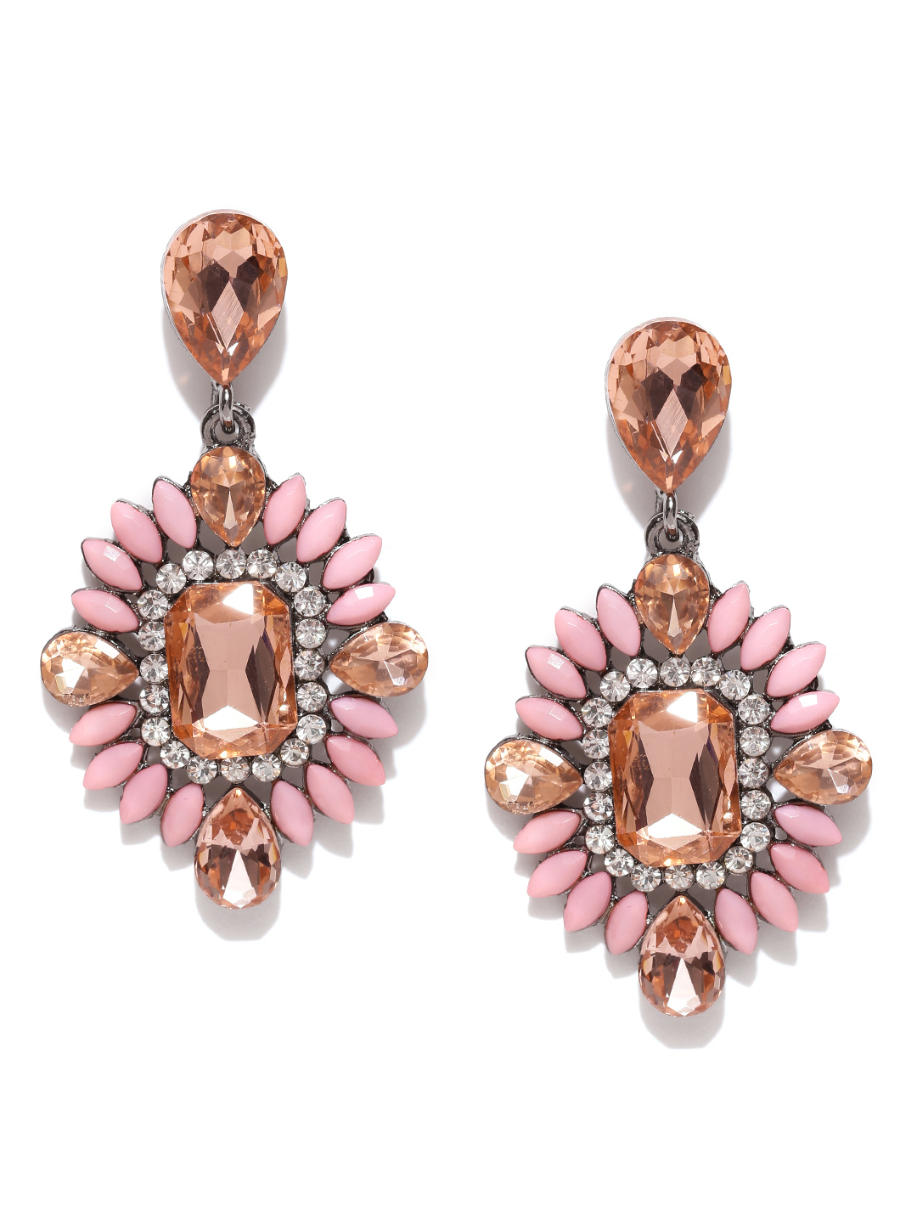 YouBella Pink  Peach-Coloured Stone-Studded Drop Earrings