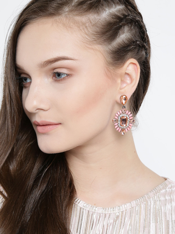 YouBella Pink  Peach-Coloured Stone-Studded Drop Earrings