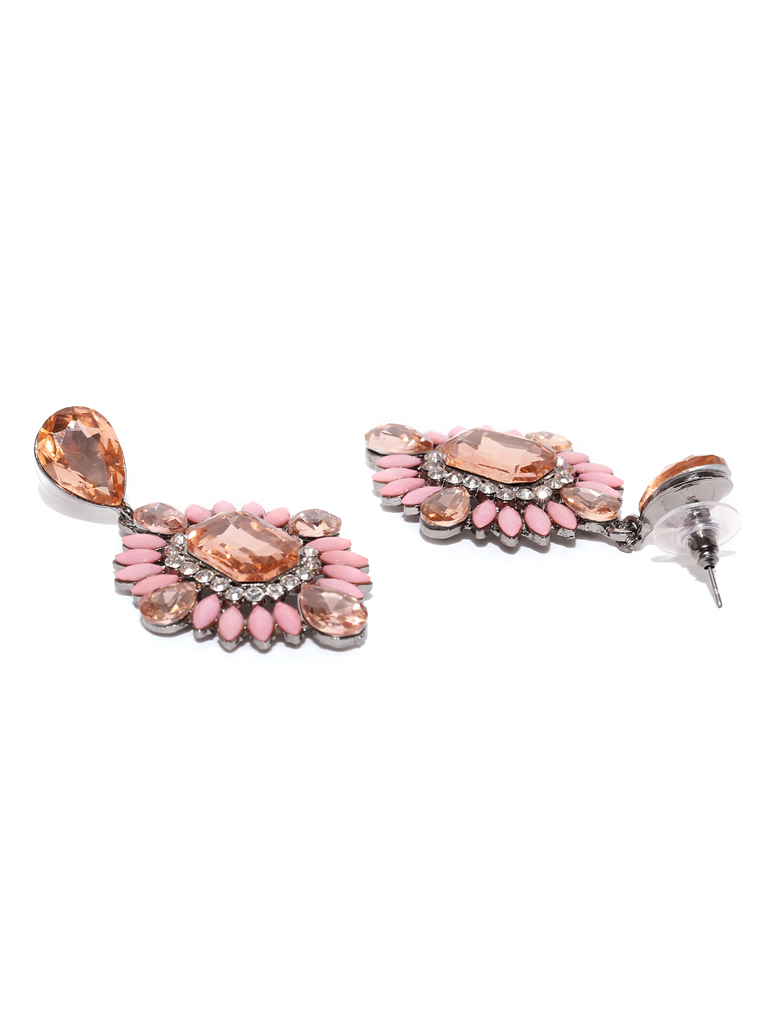 YouBella Pink  Peach-Coloured Stone-Studded Drop Earrings
