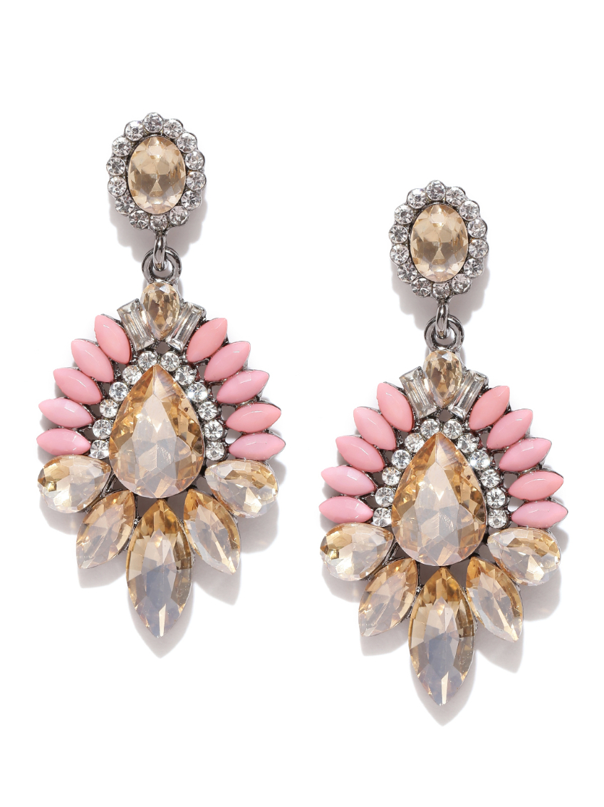 YouBella Pink  Gold-Toned Stone-Studded Drop Earrings