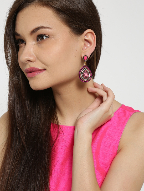 YouBella Pink Gold-Plated Teardrop-Shaped Drop Earrings