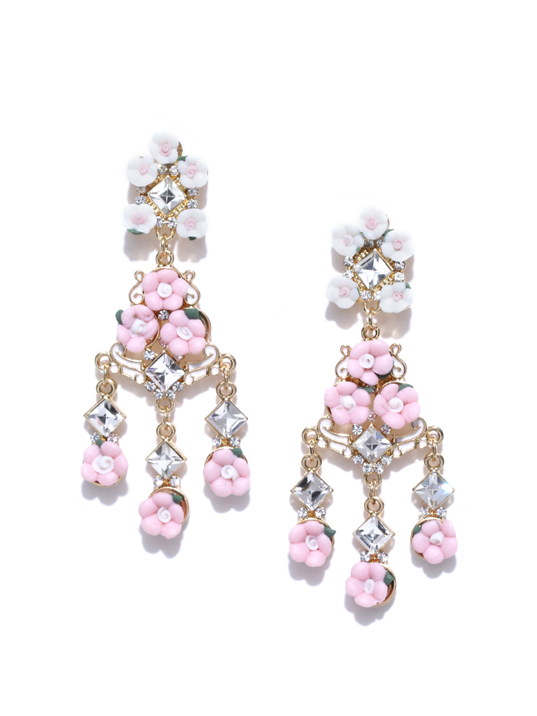YouBella Pink Gold-Plated Stone-Studded Floral Drop Earrings