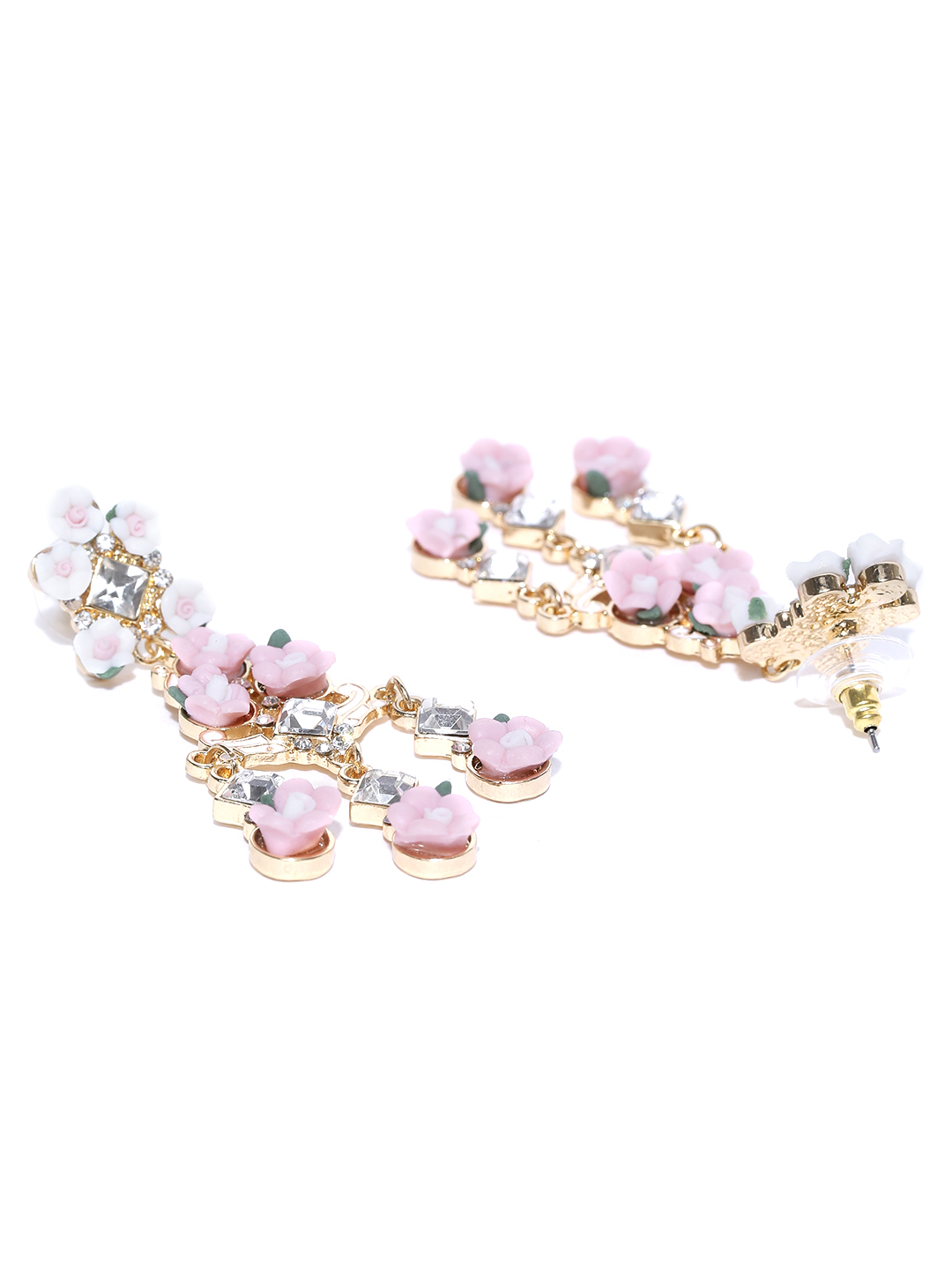 YouBella Pink Gold-Plated Stone-Studded Floral Drop Earrings