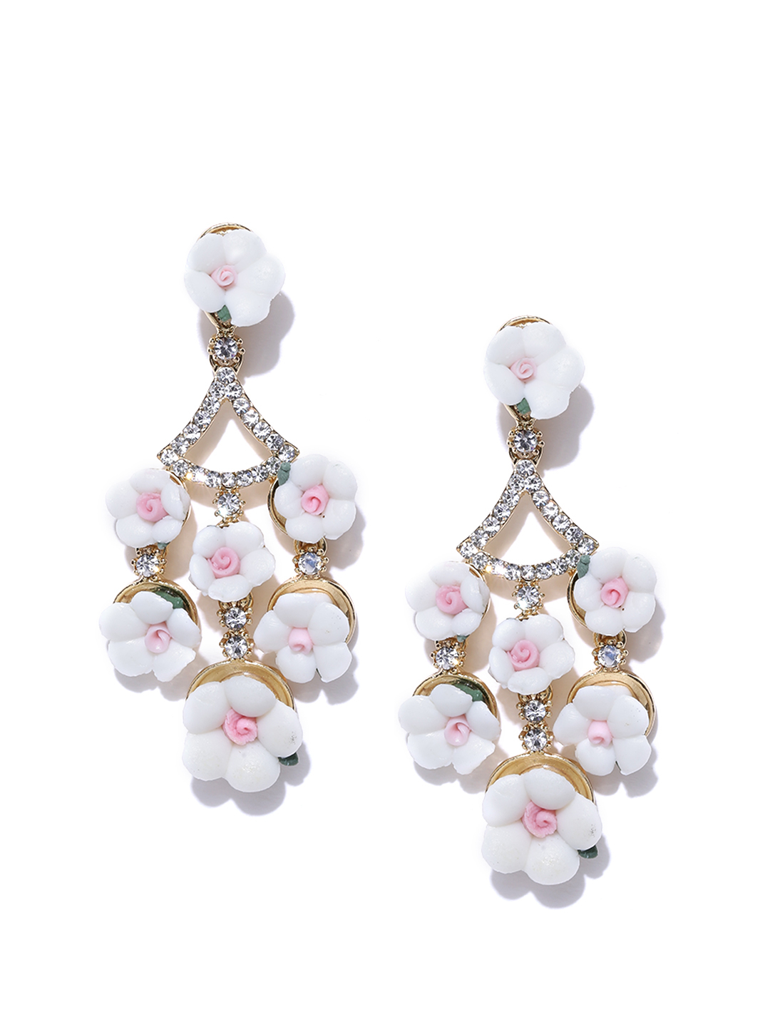 YouBella White Stone-Studded Floral Drop Earrings