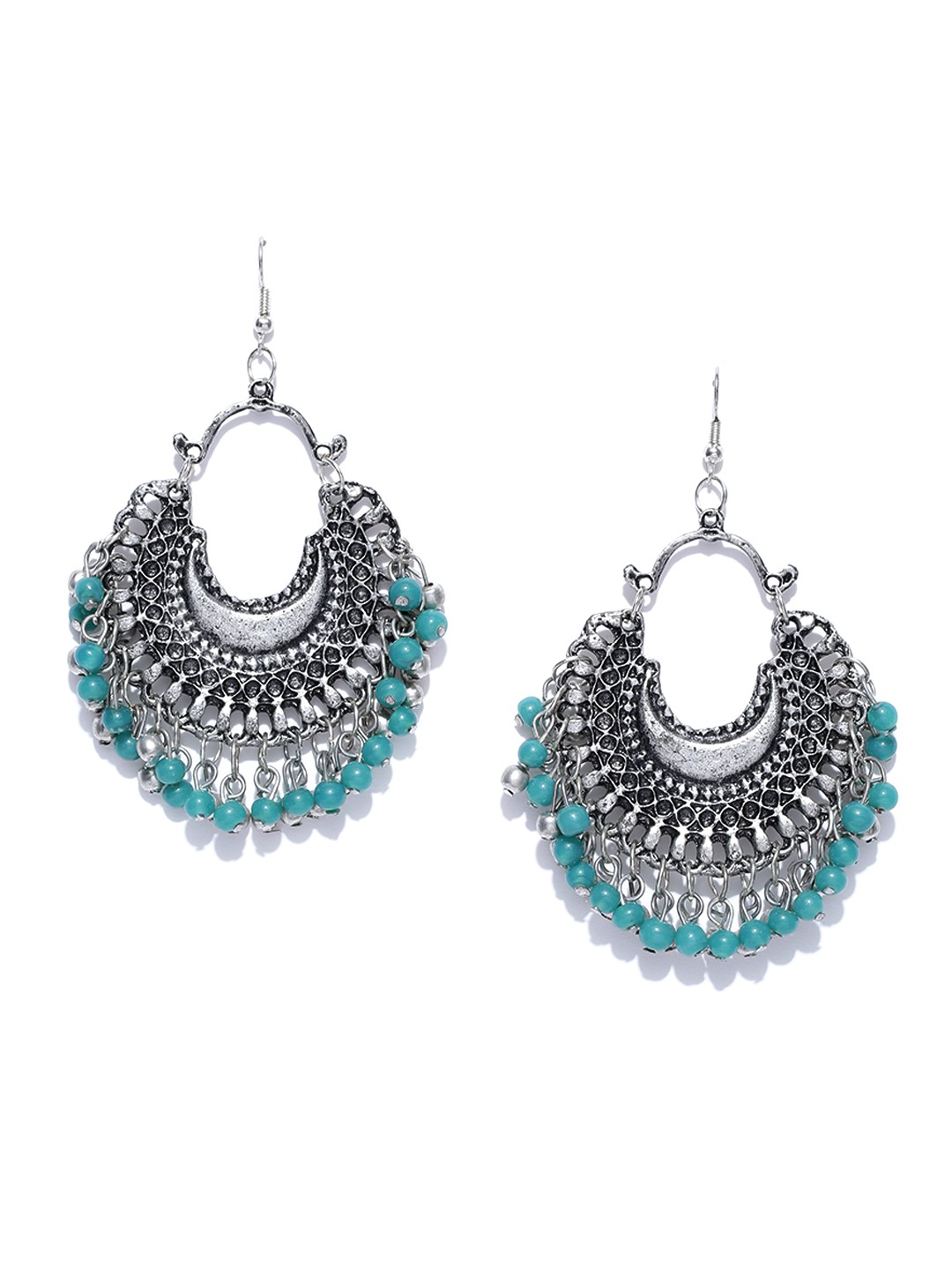 YouBella Oxidised Silver-Toned  Green Crescent Shaped Chandbalis