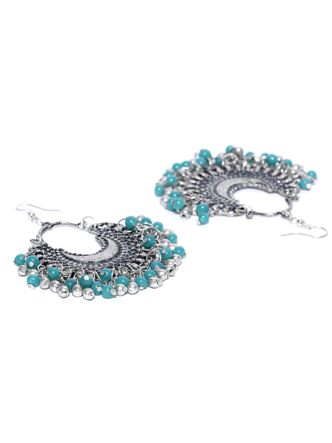YouBella Oxidised Silver-Toned  Green Crescent Shaped Chandbalis