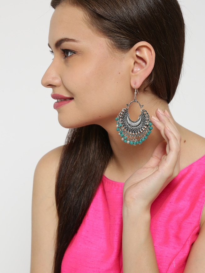 YouBella Oxidised Silver-Toned  Green Crescent Shaped Chandbalis