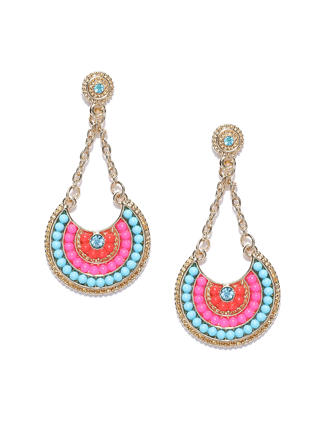 YouBella Multicoloured Gold-Plated Beaded Crescent-Shaped Drop Earrings