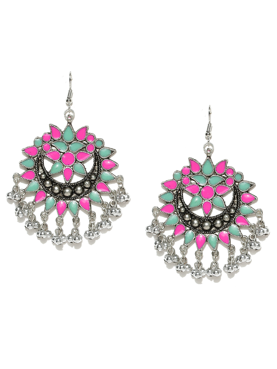 YouBella Silver-Toned  Pink Crescent Shaped Chandbalis