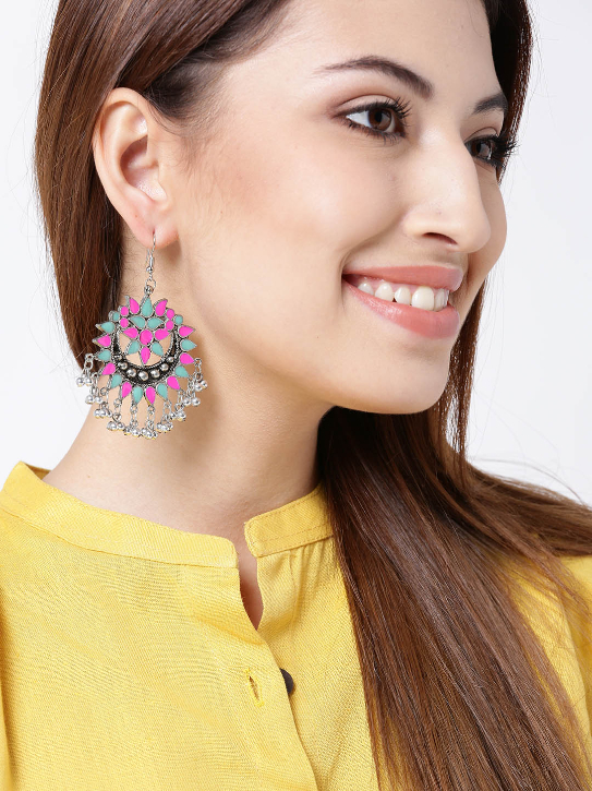 YouBella Silver-Toned  Pink Crescent Shaped Chandbalis