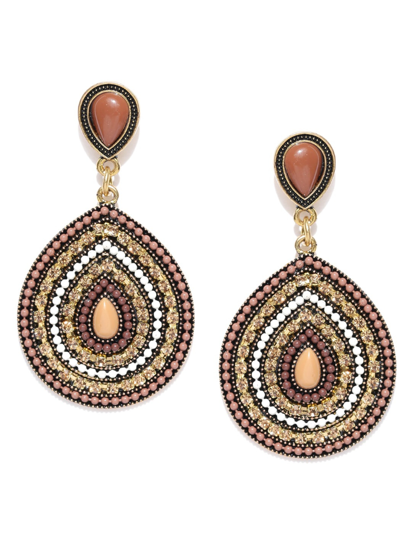 YouBella Brown Gold-Plated Stone-Studded Teardrop-Shaped Drop Earrings