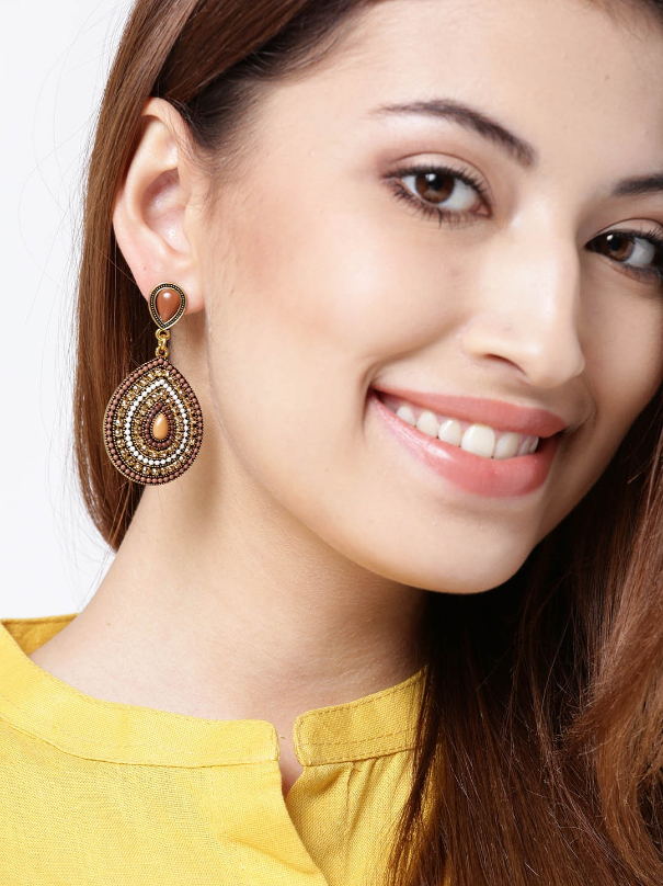 YouBella Brown Gold-Plated Stone-Studded Teardrop-Shaped Drop Earrings