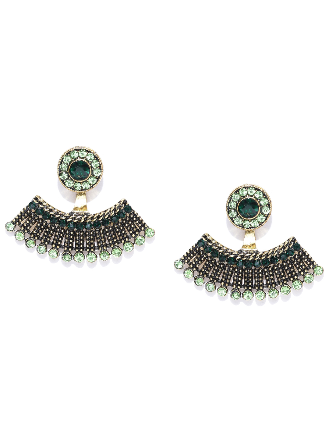YouBella Green Antique Gold-Plated Stone-Studded Drop Earrings
