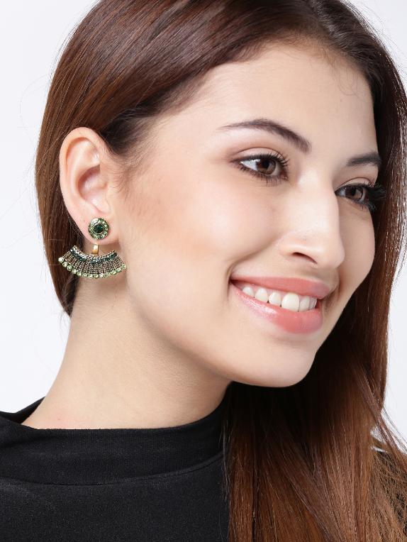 YouBella Green Antique Gold-Plated Stone-Studded Drop Earrings