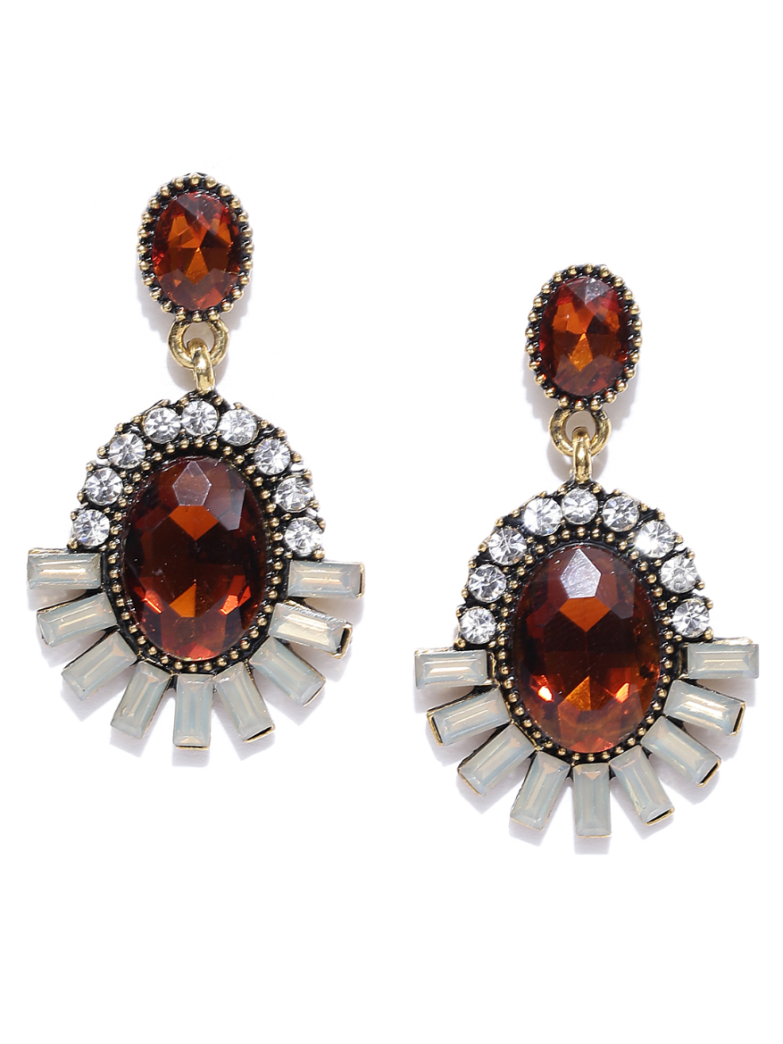 YouBella Brown Gold-Plated Stone-Studded Drop Earrings