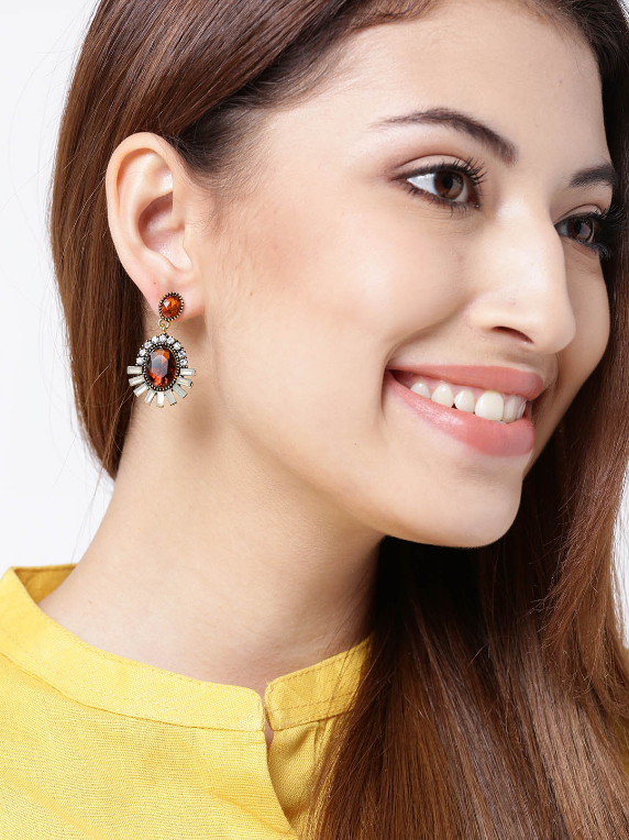 YouBella Brown Gold-Plated Stone-Studded Drop Earrings