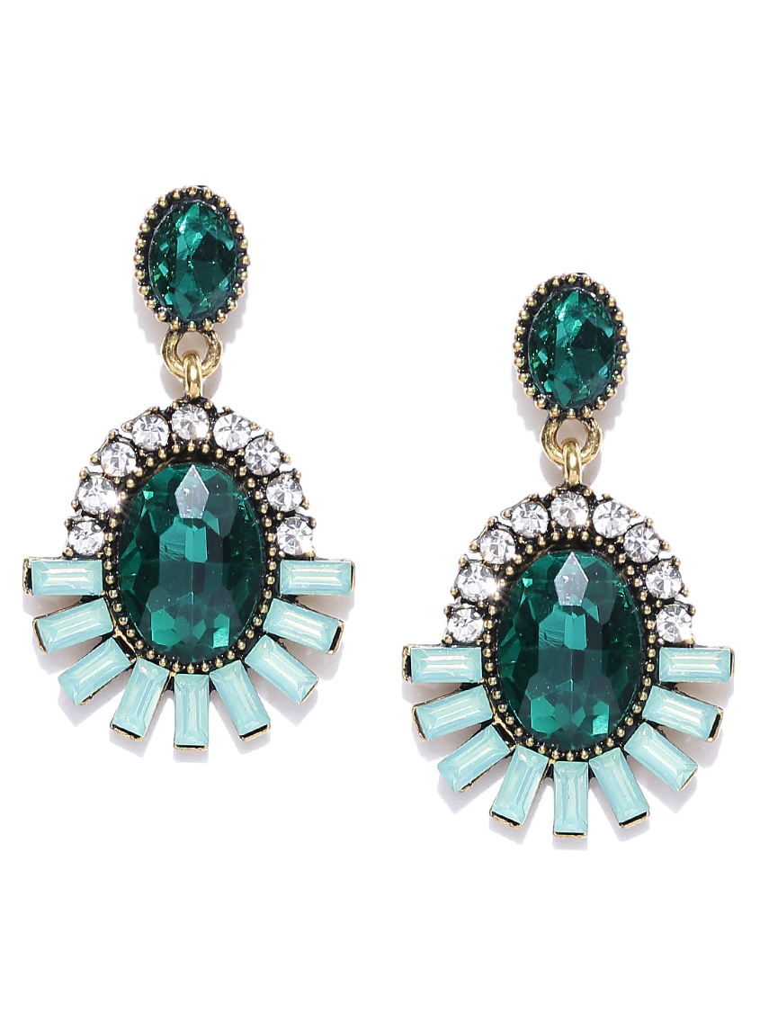 YouBella Green Gold-Plated Stone-Studded Drop Earrings
