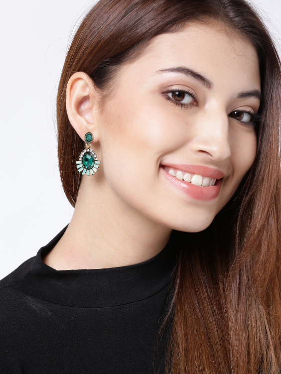 YouBella Green Gold-Plated Stone-Studded Drop Earrings