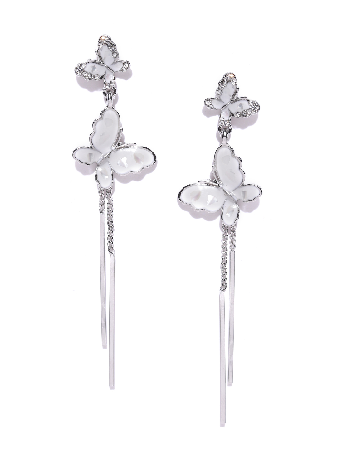 YouBella White  Silver-Toned Contemporary Stone-Studded Drop Earrings