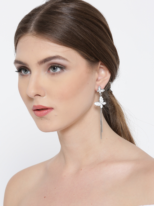 YouBella White  Silver-Toned Contemporary Stone-Studded Drop Earrings