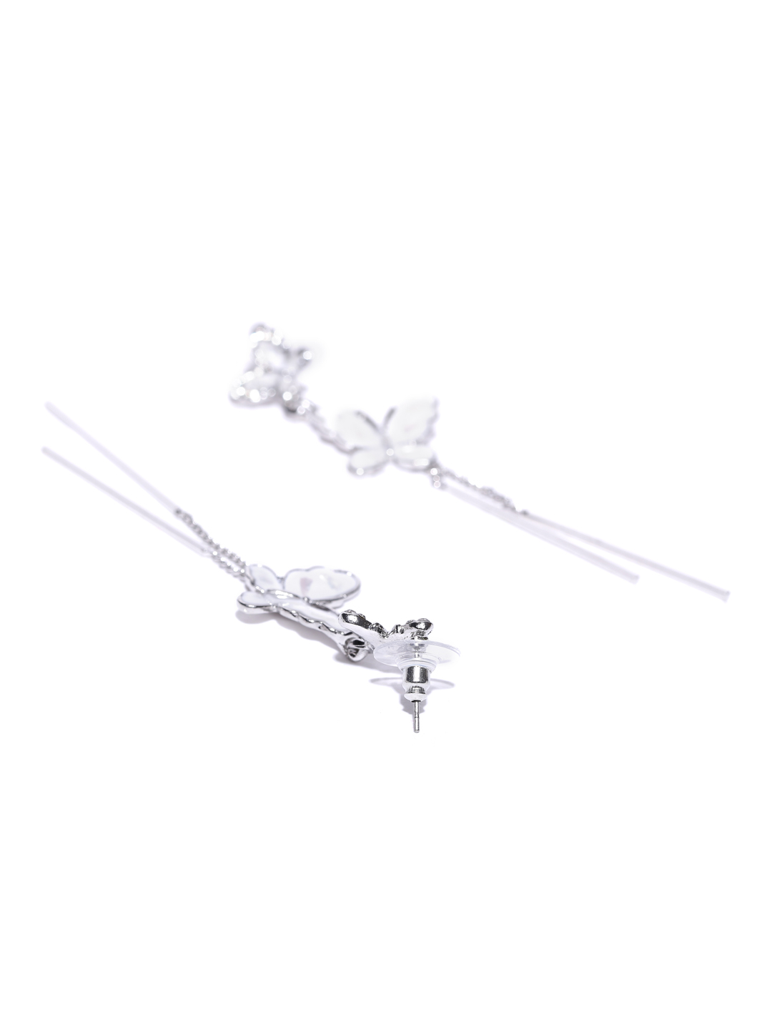 YouBella White  Silver-Toned Contemporary Stone-Studded Drop Earrings
