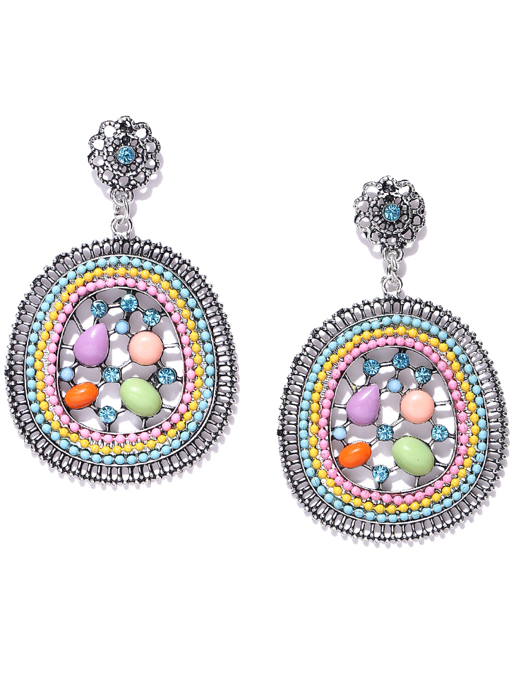YouBella Multicoloured Oval Stone-Studded Drop Earrings