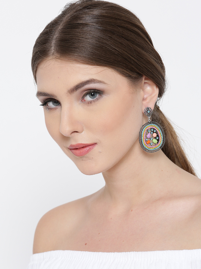 YouBella Multicoloured Oval Stone-Studded Drop Earrings